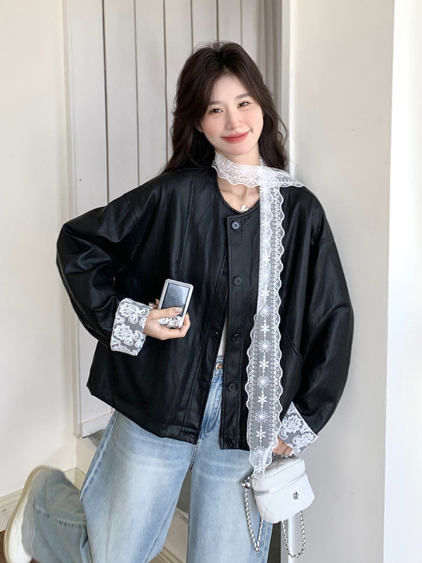 酷飒风蕾丝拼接黑色皮衣外套女2025新款早秋穿搭小个子夹克|undefined