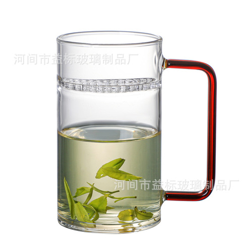 Thickened heat-resistant glass cup with five colors, round mouth with built-in filter, crescent cup, milk juice tea cup, office cup