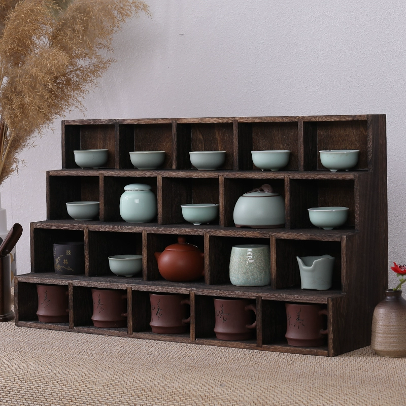Чайная полка из цельного дерева, чайный набор W6, настенный китайский фиолетовый глиняный горшок, украшения, шкаф для хранения сокровищ, чашка для хранения чая, древняя полка для дисплея