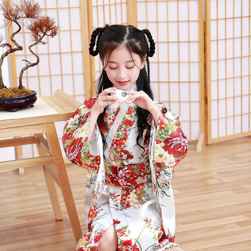 Spring and Summer New Style Children's Kimono Japanese-Style Bathrobe Girl Princess Dress Performance Outfit with Cute Bow