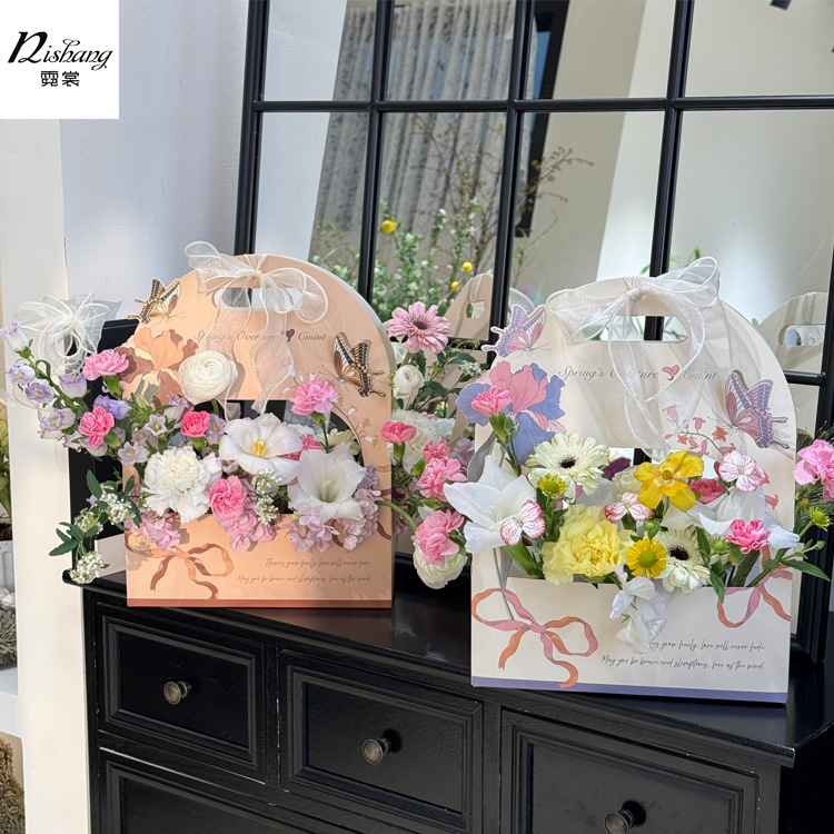 教师节花卉手提花盒花束包装花艺插花礼盒长方形折叠纸盒手提花篮