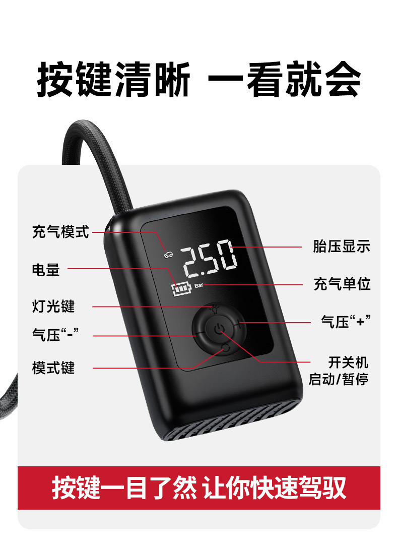 Cross-Border New Product Portable Car Air Pump Wireless Digital Display Car Tire Pump Bicycle Basketball Electric Pump