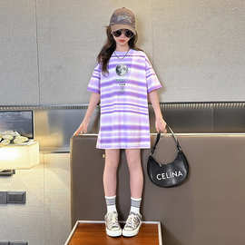 女童夏季连衣裙2026新款中长款短袖T恤裙子韩版宽松t女孩条纹上衣