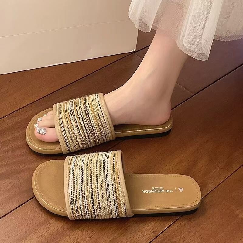 Flat Woven Slip-On Sandals 2026 Spring New Style Outdoor Wear Design Sandals Vacation Style Beach Sandals