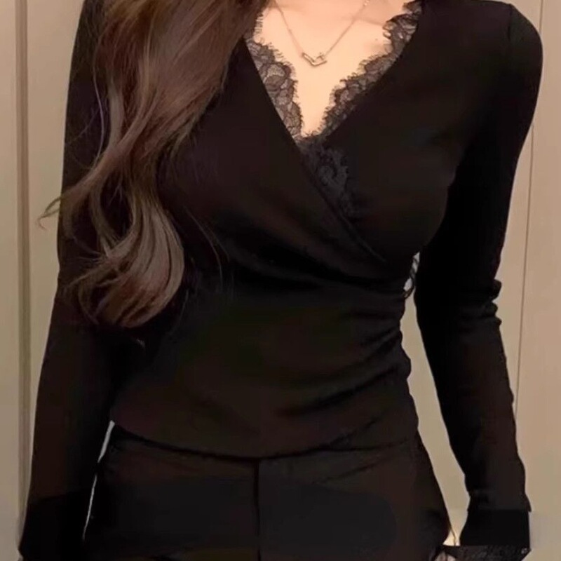 Plus Size Fat mm Pure Lust Style Lace V Neck Fleece-Lined Long-Sleeved T-Shirt Women's Autumn and Winter Slimming Look Top Bottoming Shirt