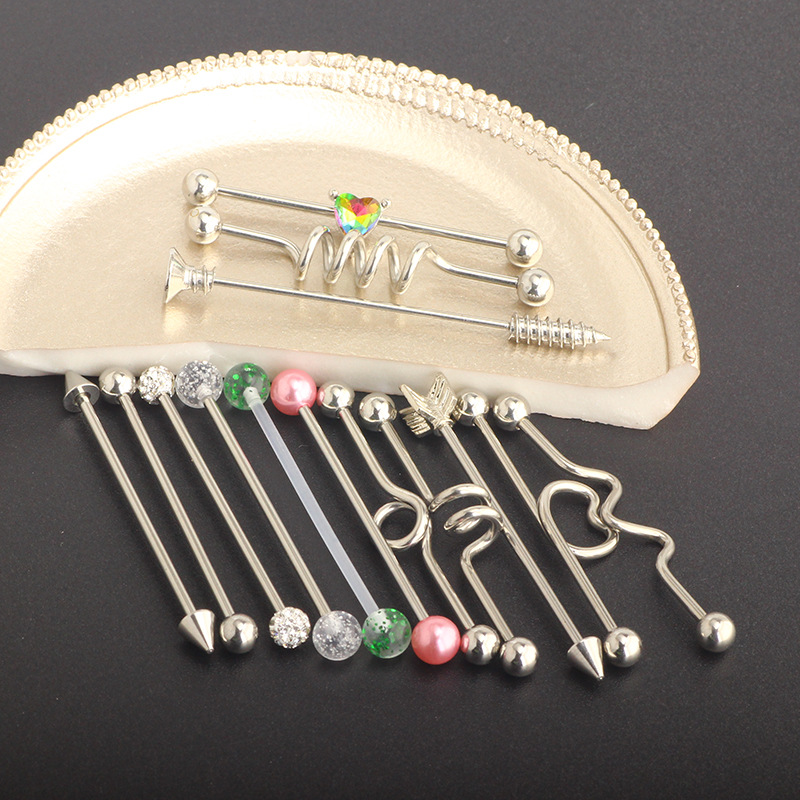 14Pcs Heart Cactus Industrial Barbell Earring Set Stainless Steel Bridge Ear Studs detail image 7