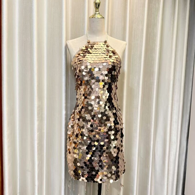 Vietnamese Niche 2025 Spring Sequin Neck Dress Limited Sexy Royal Sister Sequin Neck dress