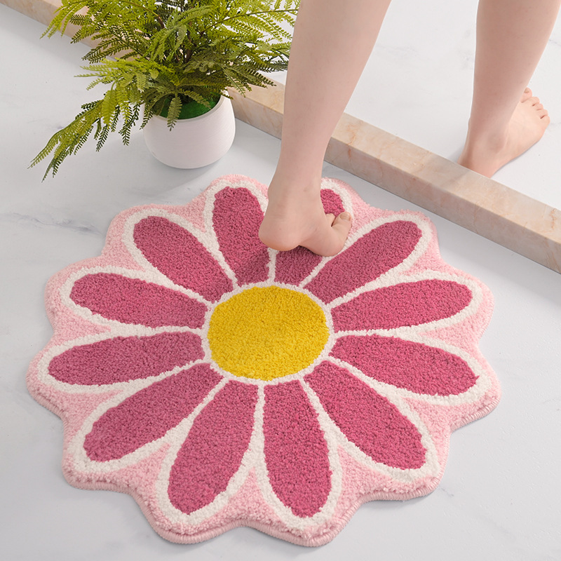 Small Daisy Shaped Household Flocking Door Mat Thickened Bathroom Water Absorbent Anti-Slip Mat Toilet Door Pad