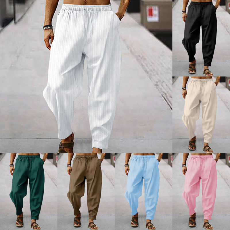 Amazon foreign trade AliExpress European and American summer men's hip hop breathable cotton and linen striped loose casual sports trousers
