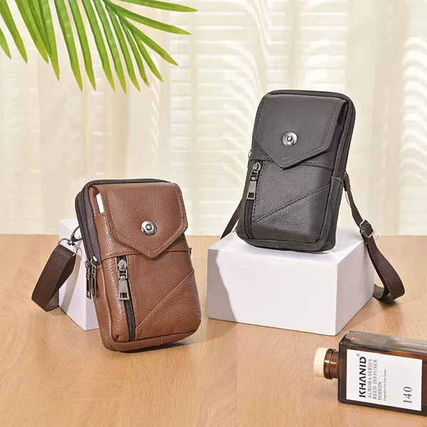 Vintage Cowhide Shoulder Mobile Phone Bag Men's Multifunctional Crossbody Mobile Phone Waist Bag Outdoor Portable Fashionable Coin Purse