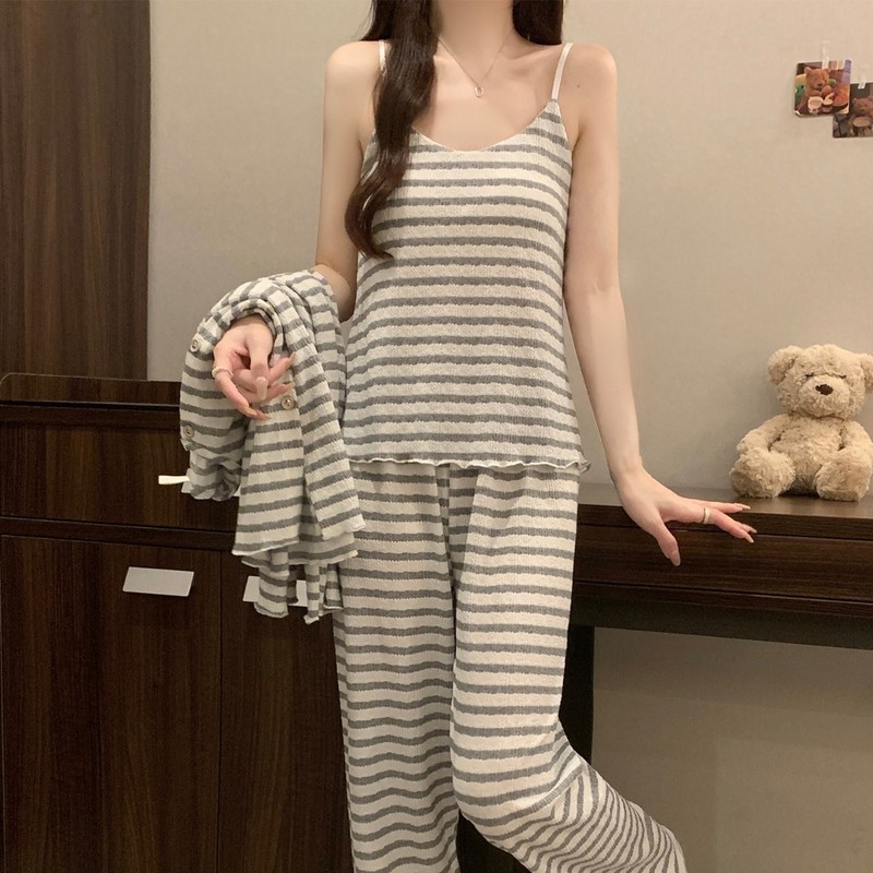 条纹三件套睡衣女春秋款带胸垫高级感吊带长袖长裤冬季外穿家居服|undefined