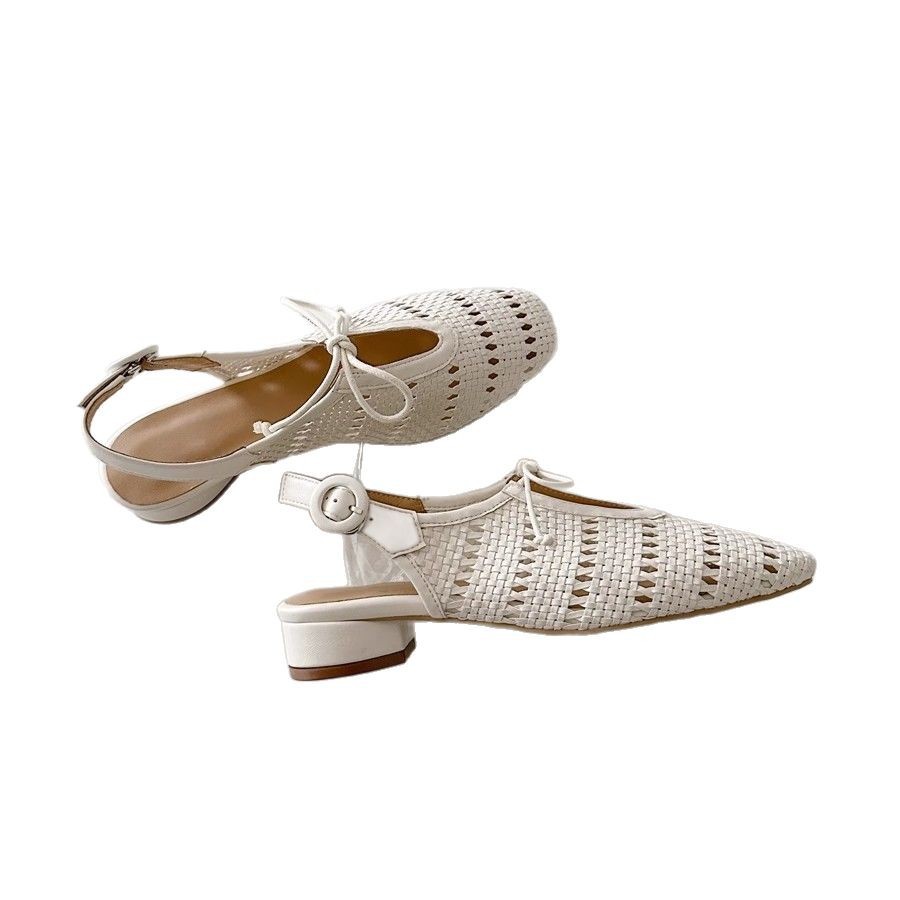 Versión de piel de oveja ~ Sandalias de puntera hueca tejida francesa con hebilla, lazo, tacón grueso, estilo vacacional, zapatos romanos, mujeres