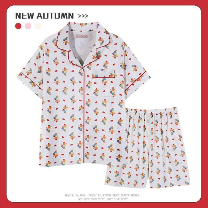 Venta al por mayor transfronteriza 180g pijamas de algodón de imitación mujeres rebeca de verano de manga corta traje de ropa de casa de dibujos animados lindo
