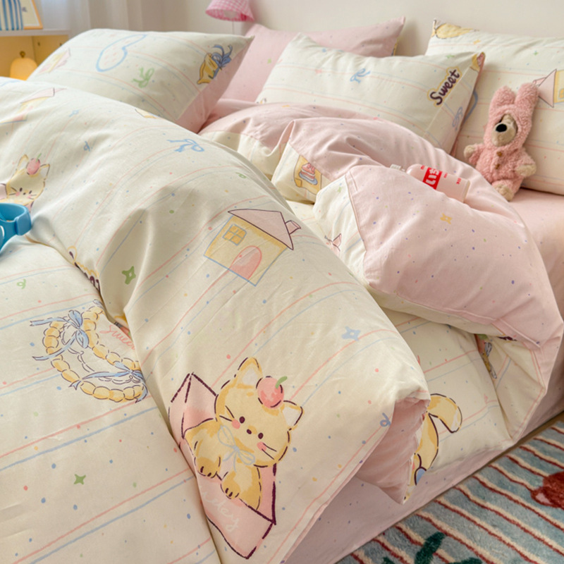 Temporada escolar cama de dibujos animados de cuatro piezas algodón puro algodón 2025 nueva funda edredón sábana dormitorio juego de tres piezas