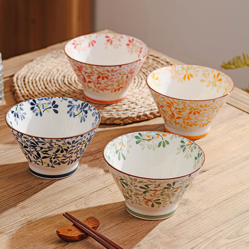 Four Seasons Flower Bucket Bowl Creative Ceramic Bowl Vintage High Feet Household Rice Bowl Rice Bowl Small Soup Bowl Underglaze Color Tableware