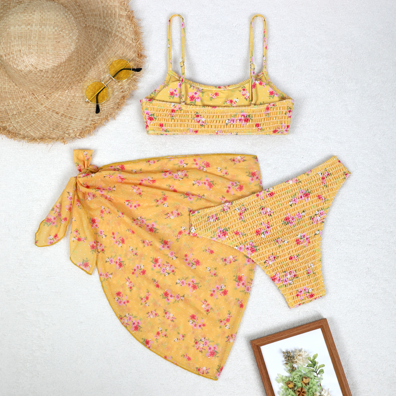 Women's Split Bikini Three-piece Swimsuit Floral Beach Wrap Set_voghion.com