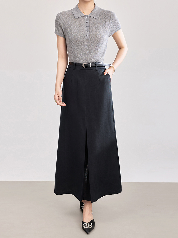 Chân váy xếp ly nữ cạp trung thấp, chất liệu tencel linen phối sọc răng cưa, xẻ tà — Xanh lông mòng đen