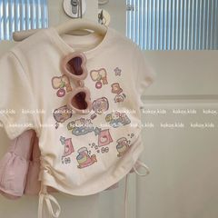 夏季新款花朵貓咪俱樂部公主風女童時尚短袖抽繩T恤上衣0018A016