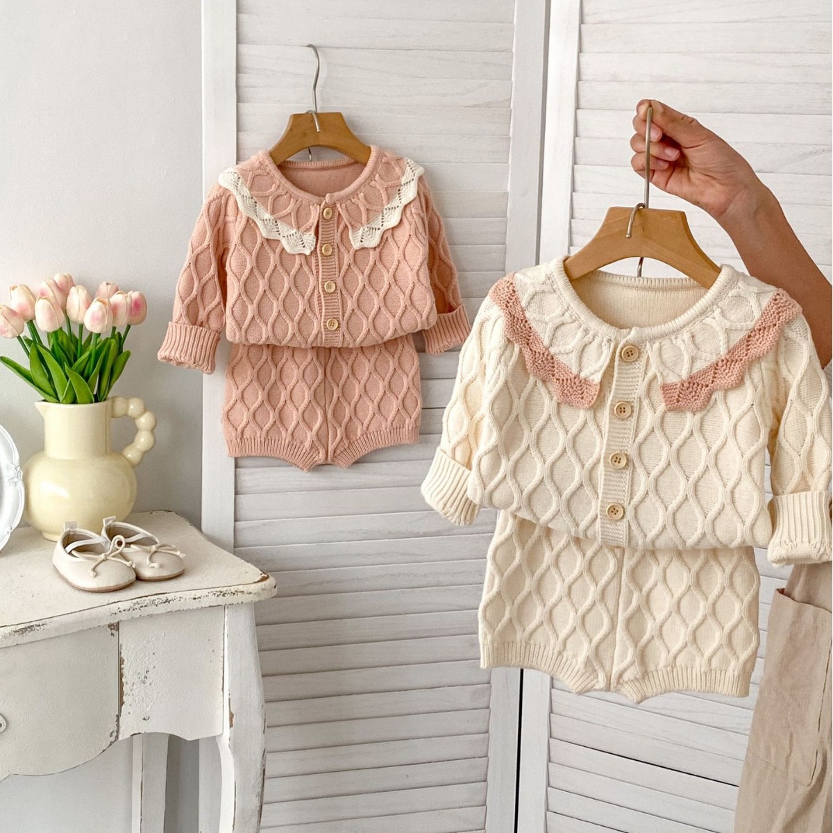 2025 Spring New Arrival Baby Knitted Cotton Yarn Infant Clothes Versatile Outerwear Color-Blocked Collar Cardigan Set