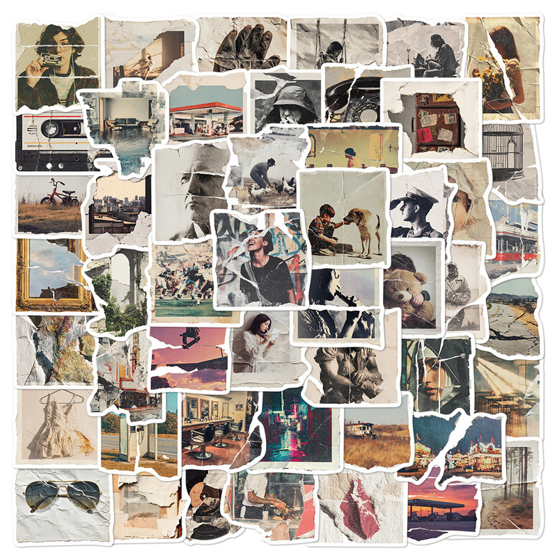 50 Pieces of Torn Photo Stickers, High-End Graffiti Stickers, Vintage Decorative Diary Stickers, Waterproof Skateboard Stickers