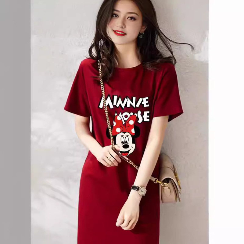 Short-sleeved dress Women's Summer New Korean-style Simple Casual Cartoon Mickey Print Slim-fit Mid-length A- line Dress