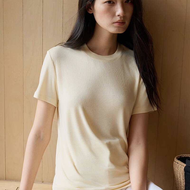 Tencel Modal Silk Short-Sleeve Women's Summer Round-Neck Wool Outerwear T-Shirt Slim Fit Versatile Base Shirt