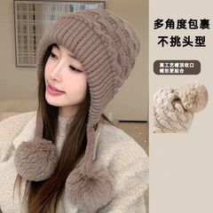 ウール帽子レイジースタイル二重層耳保護防寒毛皮ボールウサギの毛皮の帽子女性の韓国の冬プラスベルベットフェイス保護ニット帽子