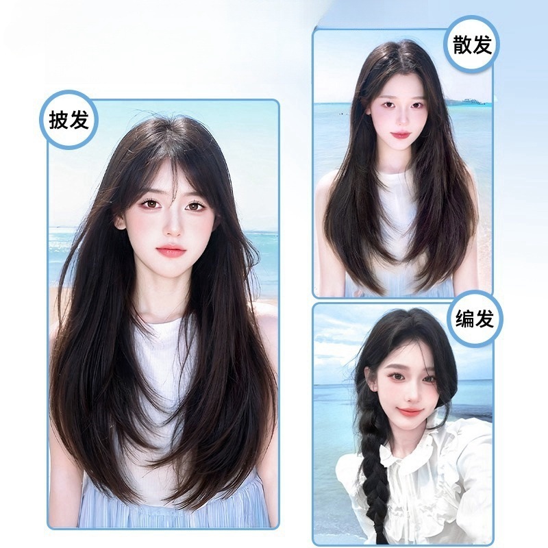 ロングヘアの女性用ウィッグ、ワンピースU字型インナーバックルヘアエクステンション、層状ふわふわ増毛、微カールロングストレートヘアウィッグ|undefined