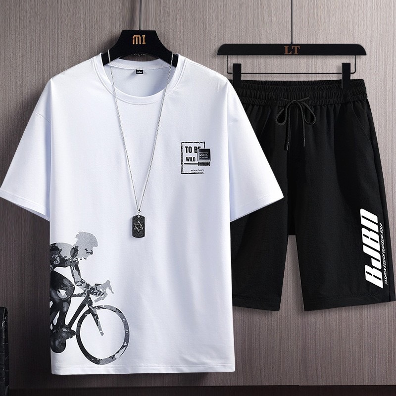Set de seda de hielo de dos piezas, camiseta de manga corta de hombre, moda de verano, nuevos pantalones cortos casuales, baloncesto deportivo, ropa de hombre guapo