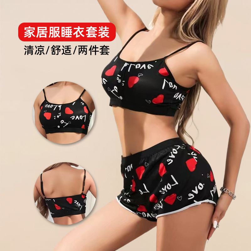 ·亚马逊欧美外贸跨境销售情趣时尚草莓印花花边吊带两件套家居服