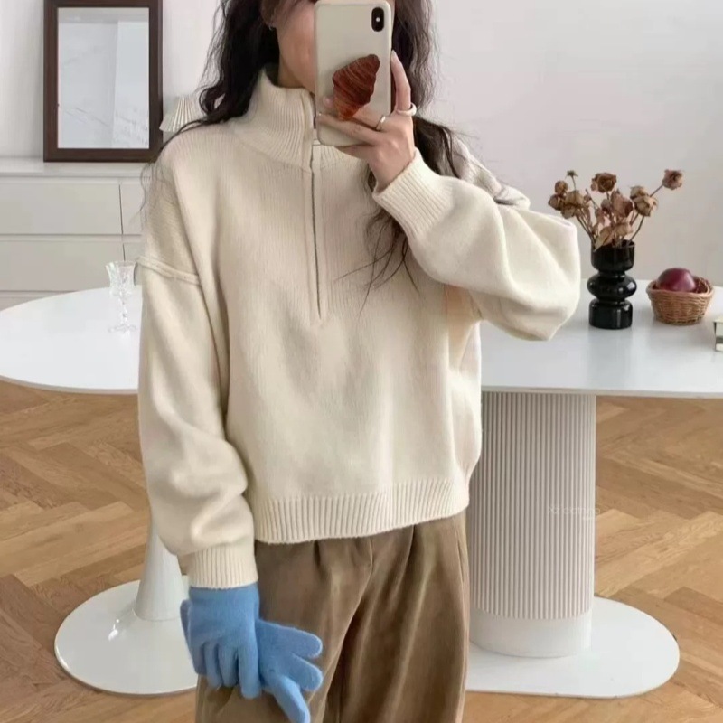 Korean Style Half-Zip Turtleneck Sweater for Women in Autumn and Winter New Style Simple and High-End Loose Lazy Style Outer Knitted Top