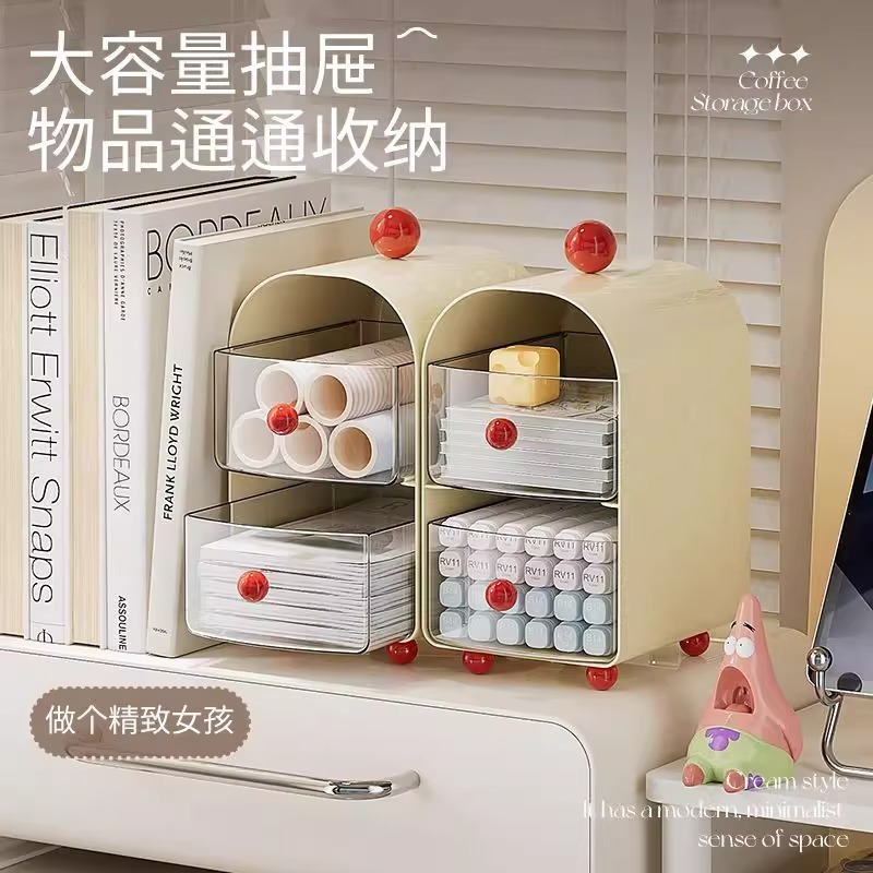 收纳盒办公室茶水间透明大容量学生家用奶油风多层收纳盒置物盒|undefined