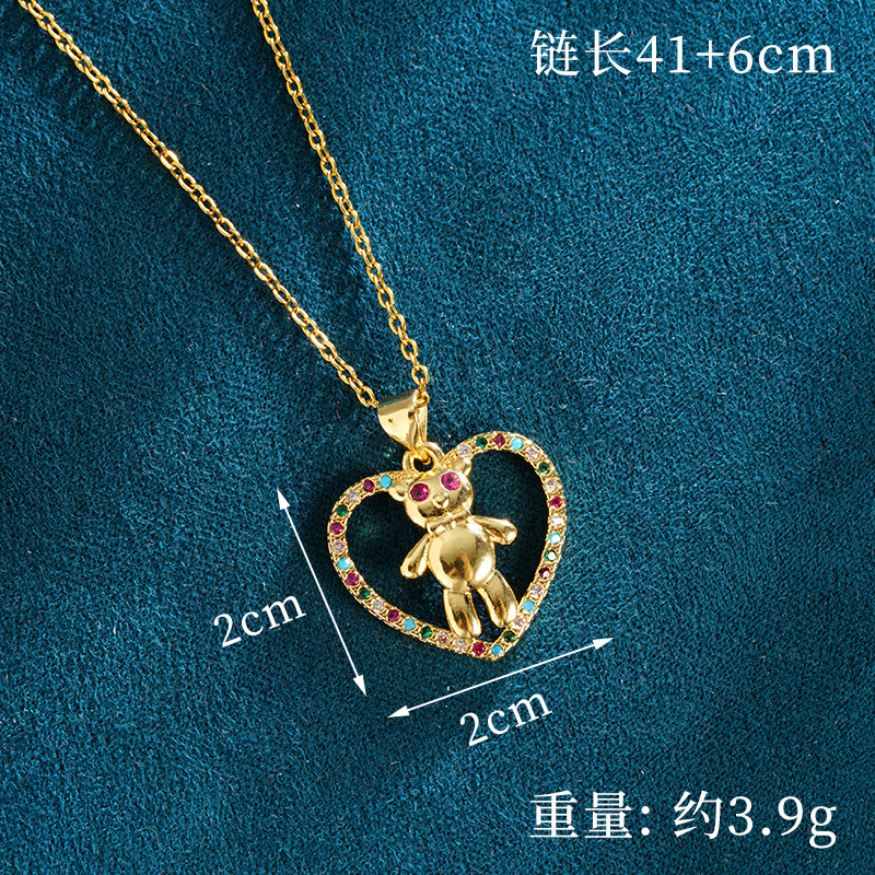 Collar de oro de arena de estilo antiguo Pendientes de oso en forma de corazón con incrustaciones de lujo ligero de moda