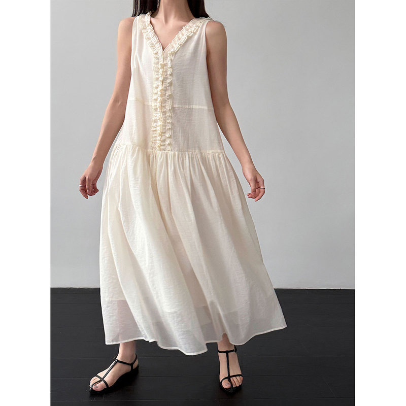 Luxi French-Style Ruffled A-Line Long Dress for Women, Summer Sweet V-Neck Sleeveless Tank Dress 3636