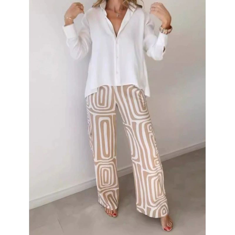 2025 новый европейский и американский повседневный костюм для женщин: рубашка с цифровой печатью и свободные брюки, комплект из двух предметов