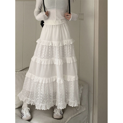 White skirt for women's summer high-waisted skirt cake skirt gentle style long skirt design niche hook flower skirt