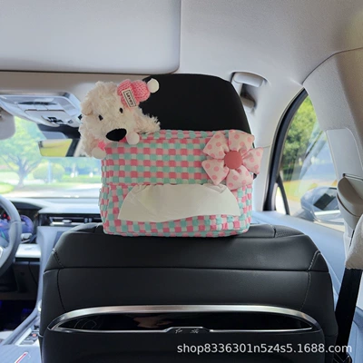 Creative car tissue box, hanging tissue holder with a high-end feel, cute cartoon design for car seat decoration (Car tissue box/set) - pink-scarf-hat-west-highland-pink-flowers-pink-and-blue-bubble-grid-tissue-box-seat-version