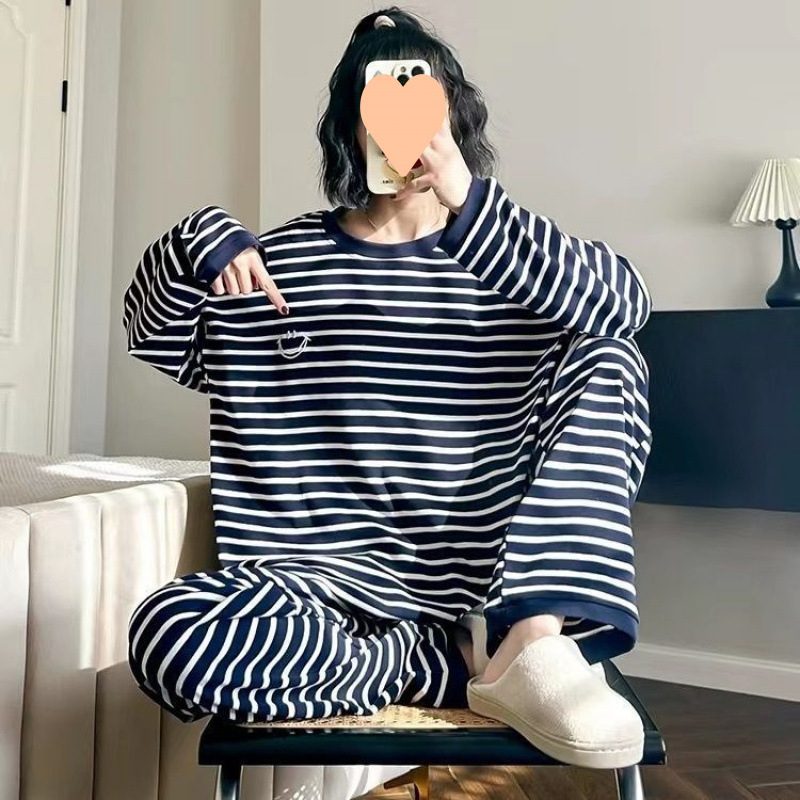 2025 Plus-Size Women's Pajamas, Spring and Autumn Long-Sleeve Korean Style Loose-Fitting Student Girl Home Wear Striped Set