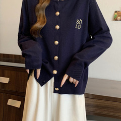 藏青色设计感针织衫外套女早秋2025新款大码胖mm宽松显瘦开衫上衣