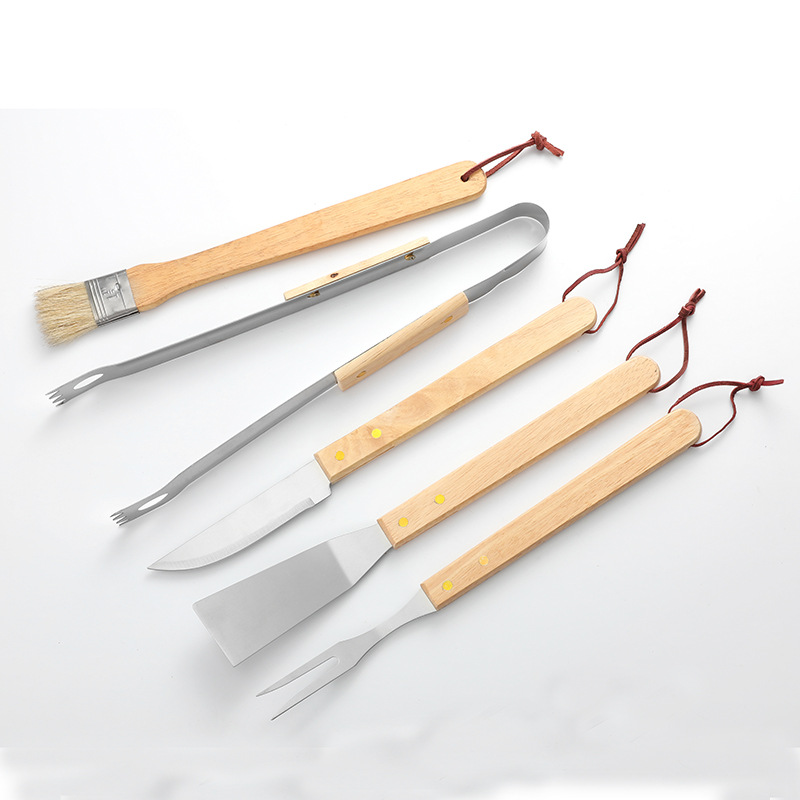 Amazon barbacoa herramienta mango de madera bolsa tela traje parrilla picnic al aire libre cuchillo Acero inoxidable tenedor pala clip cepillo barrido