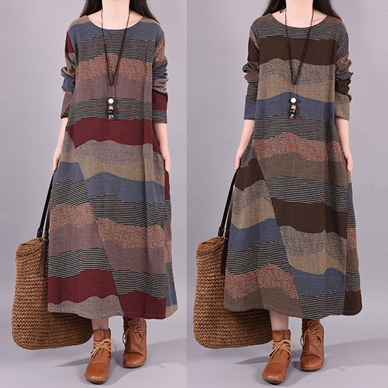 2025 Spring New Style Literary Loose Splicing Stripesd Cotton and Linen Round Neck Long-Sleeved Dress Women's Mid-Length 9858 # 2025 Spring New Style Literary Loose Splicing Stripesd Cotton and Linen Round Neck Long-Sleeved Dress Women's Mid-Length 9858 #