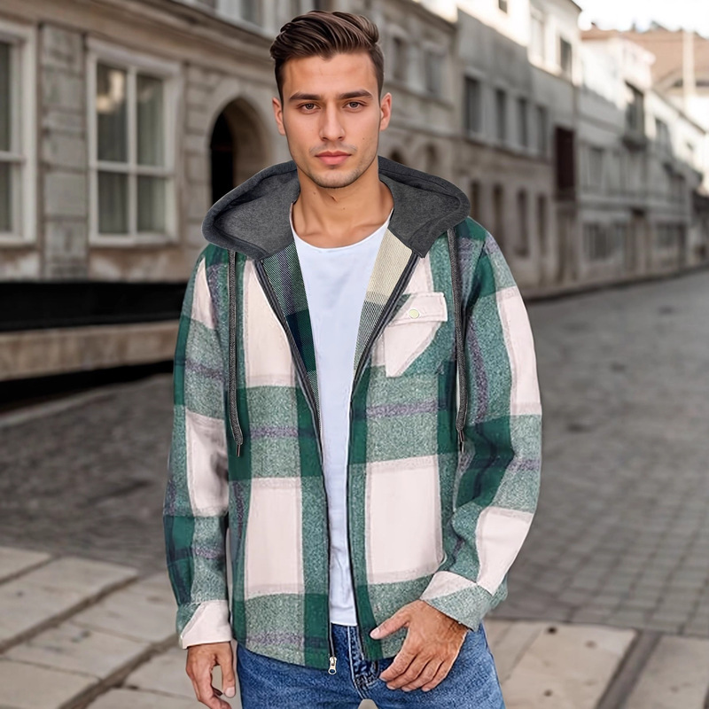 Amazon's Popular European and American Size Men's Flannel Jacket with Zipper and Hood, Warm Hooded Coat