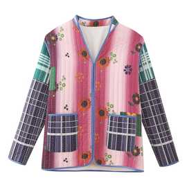 跨境批发2023秋季新品欧美时尚女装街头潮人V领拼色百搭棉服外套