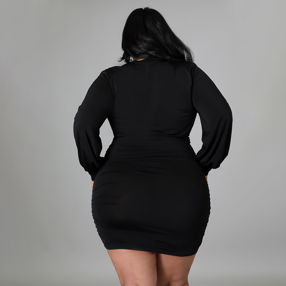 plus size long sleeve v neck tight ruffle solid color dress NSLNW122665