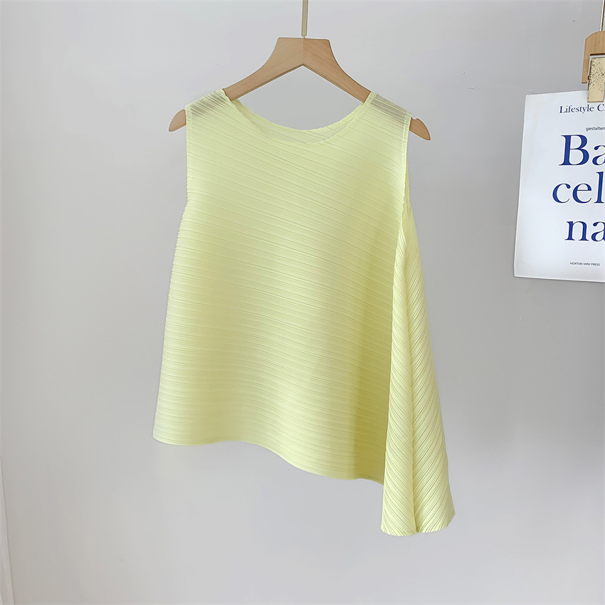 三宅流プリーツトップス レディース イレギュラーTシャツ ラウンドネック ノースリーブ ニッチ 快適 カジュアル ファッション 多用途