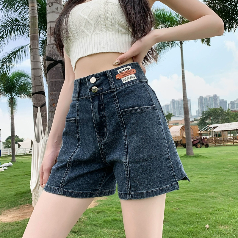 Черные женские джинсовые шорты с высокой талией, летние тонкие свободные широкие эластичные утягивающие шорты А-силуэта больших размеров.