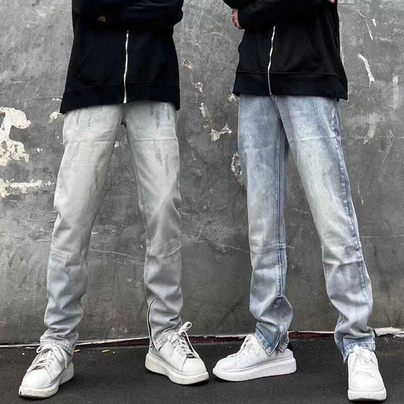 2022 Spring and Autumn Vintage Washed Light-colored Jeans Men's Slim-fit Slimming Skinny Feet All-match Zipper Slit Trousers