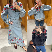 法式小众2026早春立体花卉刺绣拼蕾丝边圆领衬衣A版半裙套装26034