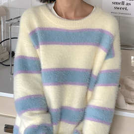 软糯甜美条纹针织衫女秋冬新款慵懒风宽松圆领仿貂套头毛衣女长袖