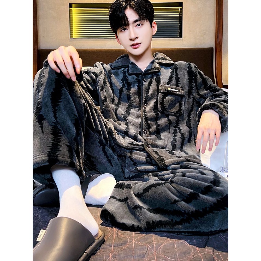 Pajamas for Men in Autumn and Winter Thickeneded Coral Velvet Suits That Can Be Worn Outside Home Clothes Warm Long-Sleeved Spring & Fall Large Size Flannel